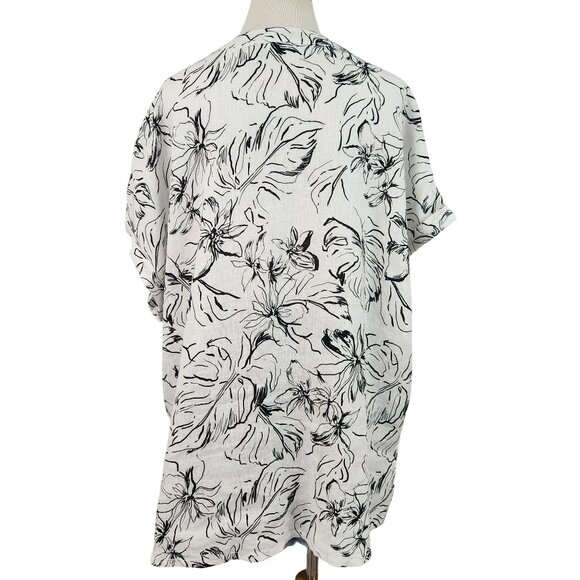 Joie Blouse Women's 1X Linen V Neck Short Sleeve Floral Print Top Black White - Picture 3 of 12